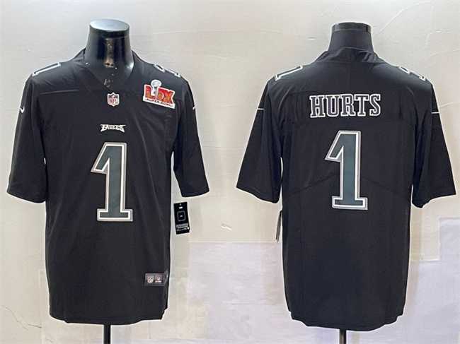 Mens Philadelphia Eagles #1 Jalen Hurts Black 2025 Super Bowl LIX Patch Fashion Vapor Untouchable Limited Stitched Jersey